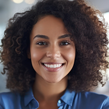 Smiling woman with curly hair in blue blouse, shown in a professional headshot